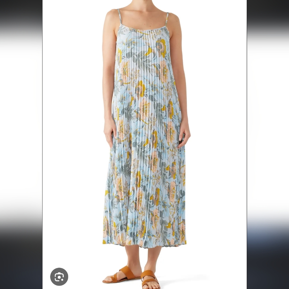 Vince Blue Floral Pleated Maxi Dress with Yellow Accents